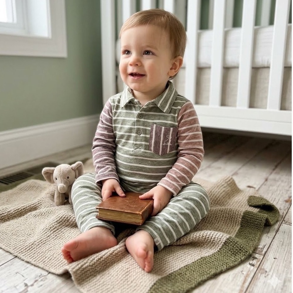 Me & Henry Kids Striped Polo Romper Sage Green Mauve Long Sleeve Size 12-18M 40